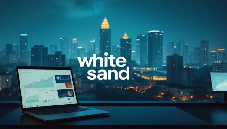 A digital marketing landscape in Ahmedabad, India, featuring the "White Sand" brand. In the foreground, a futuristic holographic display showcases digital analytics, social media campaigns, and e-commerce integration. The middle ground is populated with sleek, minimalist devices and interfaces, representing the technological transformation of local businesses. The background depicts the cityscape of Ahmedabad, with a blend of modern high-rises and heritage architecture, symbolizing the coexistence of tradition and innovation. The scene is bathed in a warm, golden lighting, creating a sense of progress and prosperity. The overall atmosphere conveys the digital revolution transforming Ahmedabad's business landscape.