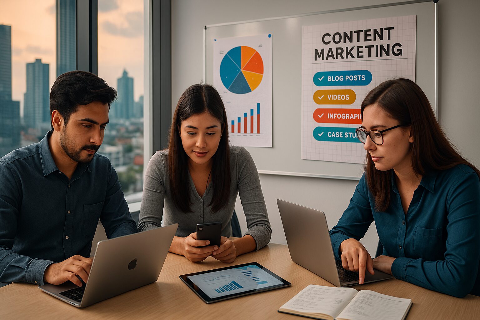 Three professionals collaborate around a table with laptops, smartphone, and tablet, discussing content marketing strategies in a modern office overlooking a city skyline.