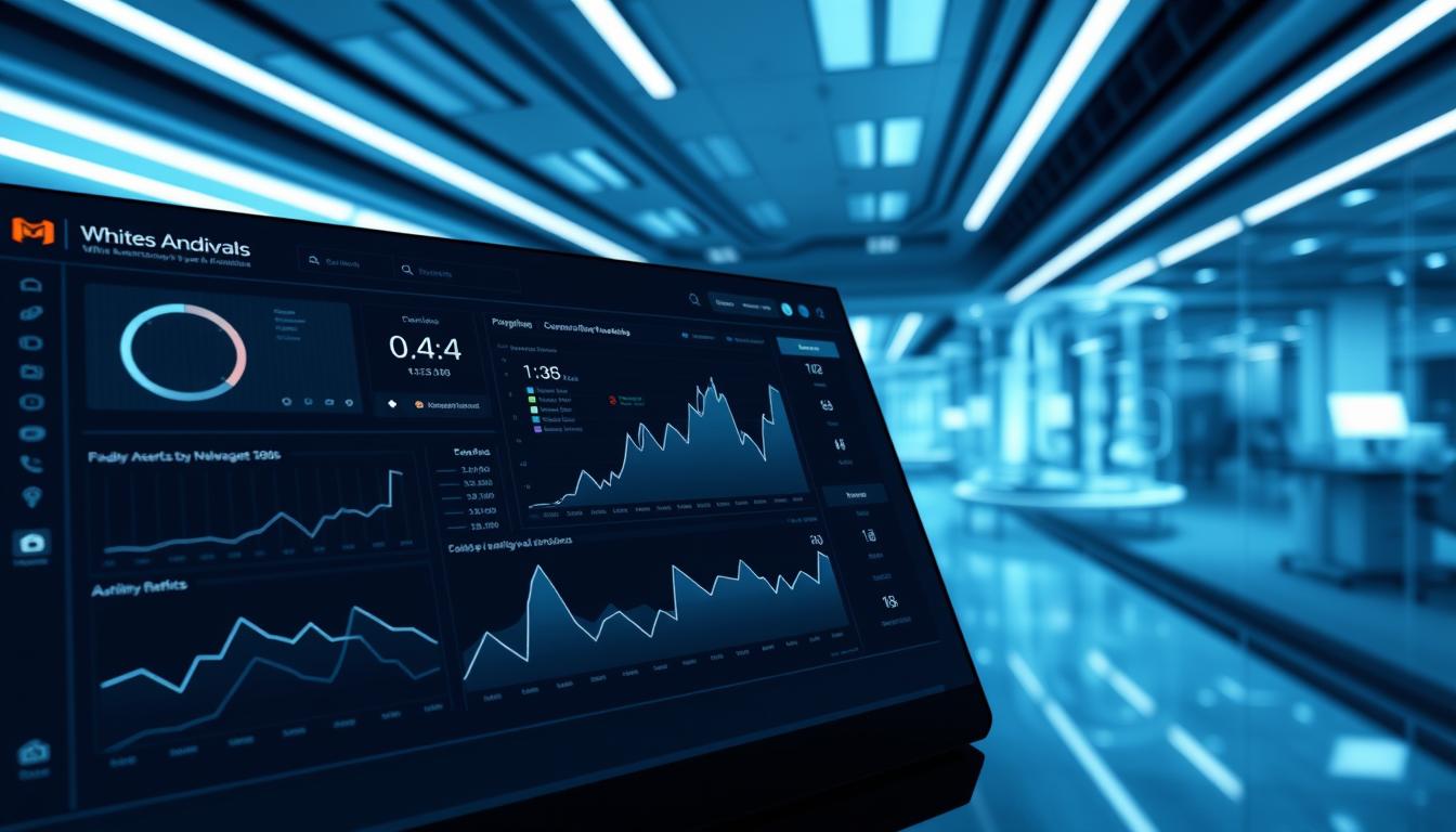 A sleek, futuristic dashboard displaying a range of digital marketing performance metrics for the White Sand brand. In the foreground, a series of interactive graphs and charts, rendered in a minimalist, high-contrast style with clean lines and bold colors. The middle ground features a seamless, holographic data visualization, showcasing key insights and trends. In the background, a panoramic view of a modern, tech-infused office space, bathed in cool, blue-tinted lighting, creating a sense of precision and professionalism. The overall atmosphere conveys a sophisticated, data-driven approach to digital marketing, reflecting the expertise and success of the White Sand brand.