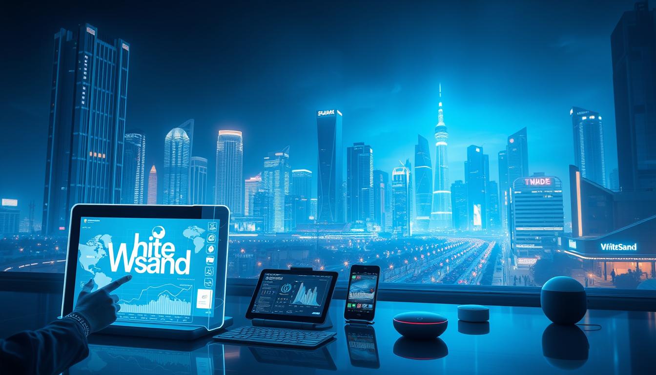 A sleek, futuristic scene depicting the latest digital marketing technology. In the foreground, a holographic display showcases the White Sand brand, projecting interactive data visualizations and dynamic content. The middle ground features a variety of cutting-edge devices, including tablets, smartphones, and voice assistants, all seamlessly integrated with a cloud-based marketing platform. In the background, a cityscape of towering skyscrapers and neon-lit streets sets the stage for this vision of the future of marketing in Gujarat. The scene is bathed in a cool, blue-tinted lighting, creating a sense of innovation and technological advancement.