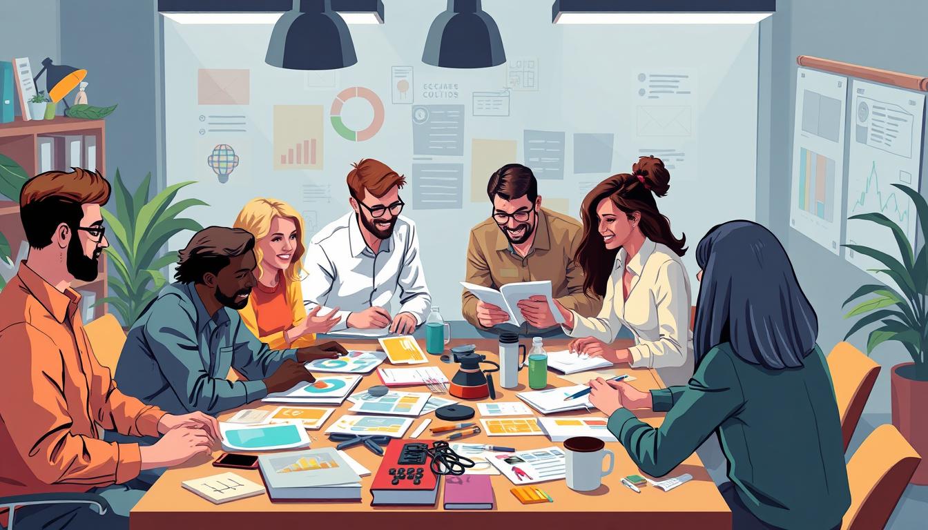 Image of a diverse marketing team brainstorming around a table with various advertising materials.