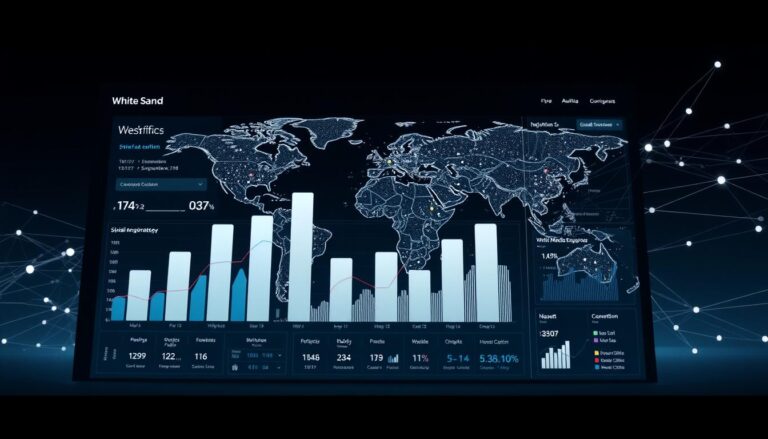 A sleek, modern digital marketing strategy dashboard for the "White Sand" brand. In the foreground, a large bar graph displays key performance metrics like website traffic, social media engagement, and conversion rates, all presented against a clean, minimalist interface. The middle ground features a world map with data points highlighting the brand's expanding global reach. In the background, a striking abstract composition of interconnected lines and shapes, representing the complex web of digital channels and touchpoints that power the brand's marketing ecosystem. The overall mood is one of data-driven sophistication, technological prowess, and a relentless pursuit of growth. The lighting is crisp and directional, emphasizing the clarity and precision of the dashboard interface.