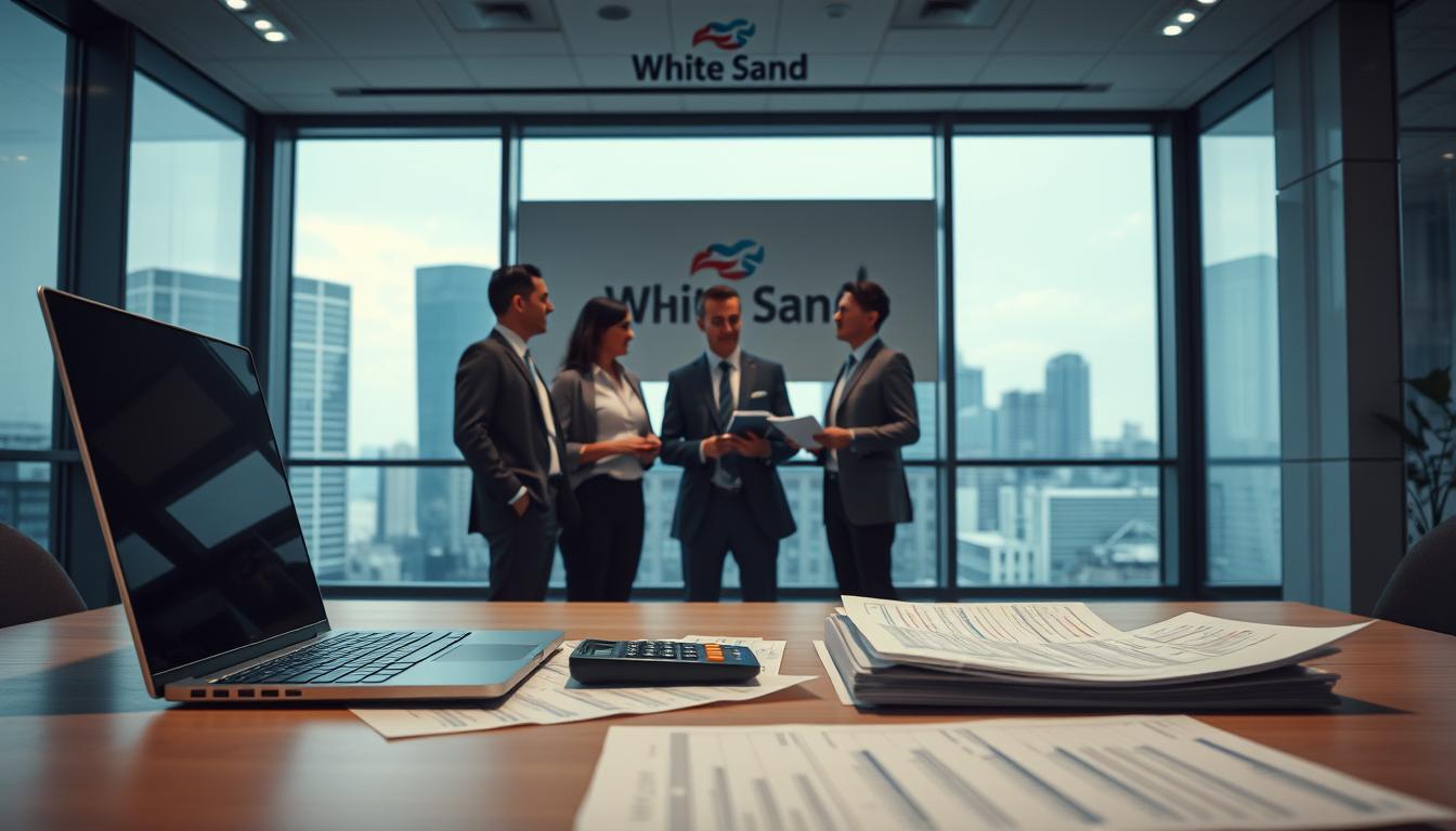 Detailed cost-benefit analysis scene set in a modern office environment. The foreground depicts a desk with a laptop, calculator, and financial documents. Middle ground shows executives in formal attire engaged in discussion, with a White Sand brand logo visible on the wall. The background features large windows overlooking a cityscape, creating a sense of professionalism and analytical decision-making. Soft, directional lighting highlights the key elements, while a muted color palette and clean, minimalist design convey a balanced, logical approach to assessing tradeoffs. The overall atmosphere aims to visually represent the careful consideration of factors involved in the choice between freelancers and full-service agencies.