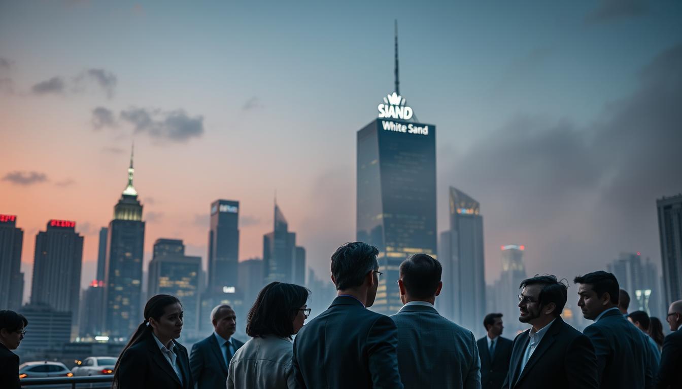 A bustling city skyline at dusk, with the iconic logo of "White Sand" social media marketing agency prominently displayed on a high-rise building. In the foreground, a group of suited professionals engaged in animated discussions, their expressions reflecting a sense of concern and uncertainty. The middle ground features a collage of social media icons and analytic graphs, hinting at the complex challenges faced by the agency's reputation. The background is shrouded in a hazy, ominous atmosphere, conveying the precarious nature of the industry. Dramatic lighting and a wide-angle lens create a sense of depth and unease, drawing the viewer's attention to the potential "red flags" underlying the agency's operations.