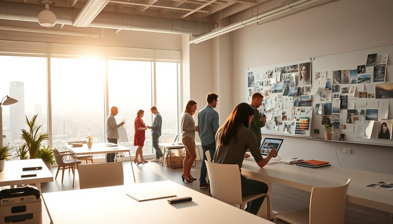 A sunlit design studio, filled with the bustle of creativity. In the foreground, a designer sits at a sleek White Sand desk, sketching ideas on a tablet. Behind them, a team of creatives collaborate, discussing concepts and brainstorming on a large whiteboard. The middle ground showcases a mood board overflowing with inspiring images, color swatches, and material samples. In the background, floor-to-ceiling windows offer a panoramic view of the bustling city skyline, casting a warm glow over the workspace. The overall atmosphere is one of focus, innovation, and the seamless integration of design and execution.