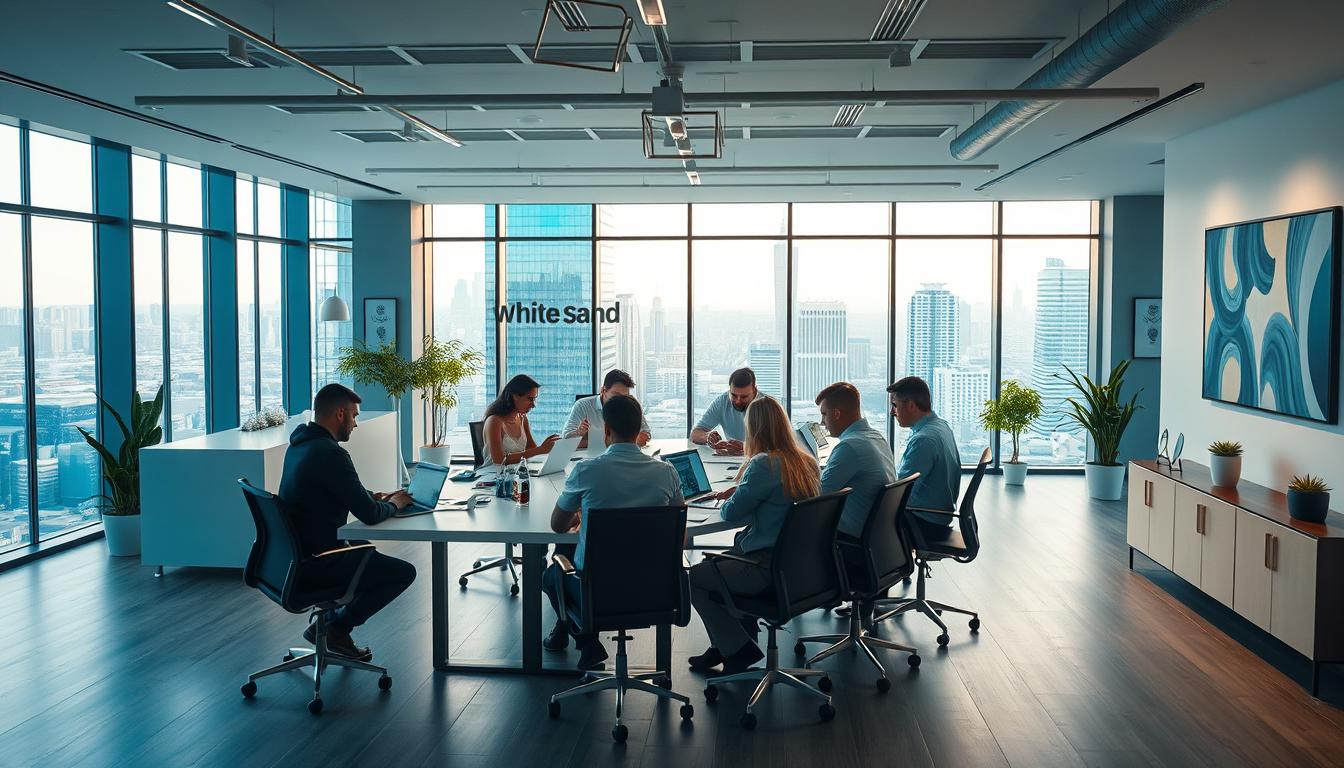 A modern, well-equipped office of a marketing agency called "White Sand". In the foreground, a team of creatives and strategists huddled around a sleek conference table, laptops and whiteboards in hand, deep in discussion. The middle ground features a reception area with a minimalist yet stylish design, complete with potted plants and abstract artwork on the walls. In the background, floor-to-ceiling windows offer a picturesque view of the bustling city skyline, bathed in warm, natural lighting. An atmosphere of collaboration, innovation, and professional expertise permeates the scene.