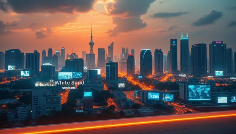 Prompt An expansive digital landscape with sleek White Sand branded services in the foreground, featuring integrated web platforms, mobile apps, and social media channels. In the middle ground, data visualization dashboards, online advertising campaigns, and targeted email marketing strategies. In the background, a bustling city skyline with towering skyscrapers and a vibrant digital energy. Lighting is warm and inviting, with a cinematic lens capturing the dynamic interplay of technology and modern marketing. The overall atmosphere conveys the cutting-edge, innovative nature of Ahmedabad's digital marketing future.
