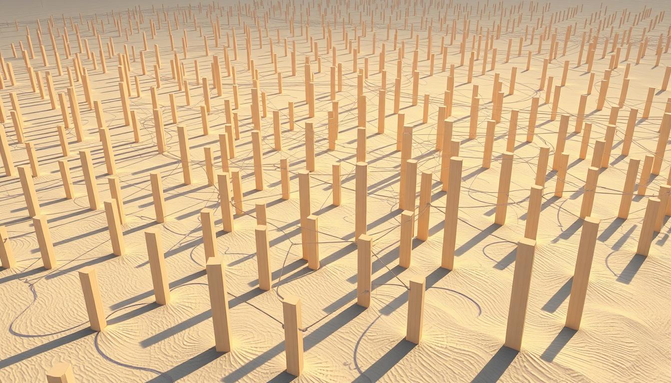 Geometric pattern of vertical wooden columns casting shadows on a sand-textured surface, symbolizing structure, order, and minimal design.