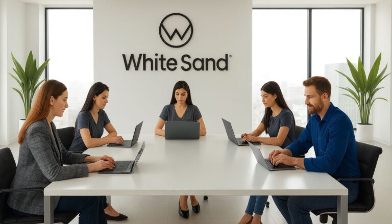 A modern digital marketing agency set in a sleek, minimalist office space. In the foreground, a team of young, dynamic professionals collaborate at a large, glass-topped conference table, laptops and devices in hand. The middle ground features a reception area with the &amp;amp;quot;White Sand&amp;amp;quot; logo prominently displayed on the wall, complemented by modern furniture and potted greenery. The background showcases floor-to-ceiling windows, allowing natural light to flood the space and create a bright, airy atmosphere. The lighting is soft and diffused, highlighting the agency's sophisticated, tech-savvy aesthetic. The overall mood is one of innovation, creativity, and professionalism.