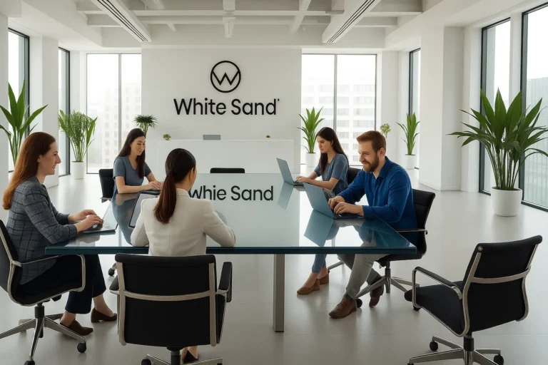 A modern digital marketing agency set in a sleek, minimalist office space. In the foreground, a team of young, dynamic professionals collaborate at a large, glass-topped conference table, laptops and devices in hand. The middle ground features a reception area with the &amp;amp;quot;White Sand&amp;amp;quot; logo prominently displayed on the wall, complemented by modern furniture and potted greenery. The background showcases floor-to-ceiling windows, allowing natural light to flood the space and create a bright, airy atmosphere. The lighting is soft and diffused, highlighting the agency's sophisticated, tech-savvy aesthetic. The overall mood is one of innovation, creativity, and professionalism.