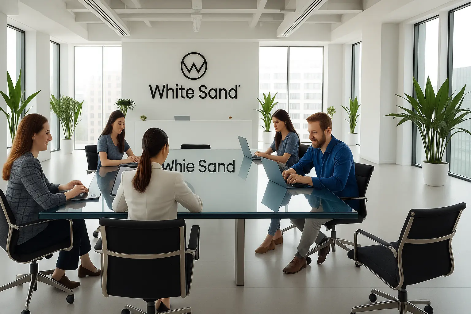 A modern digital marketing agency set in a sleek, minimalist office space. In the foreground, a team of young, dynamic professionals collaborate at a large, glass-topped conference table, laptops and devices in hand. The middle ground features a reception area with the &amp;amp;quot;White Sand&amp;amp;quot; logo prominently displayed on the wall, complemented by modern furniture and potted greenery. The background showcases floor-to-ceiling windows, allowing natural light to flood the space and create a bright, airy atmosphere. The lighting is soft and diffused, highlighting the agency's sophisticated, tech-savvy aesthetic. The overall mood is one of innovation, creativity, and professionalism.