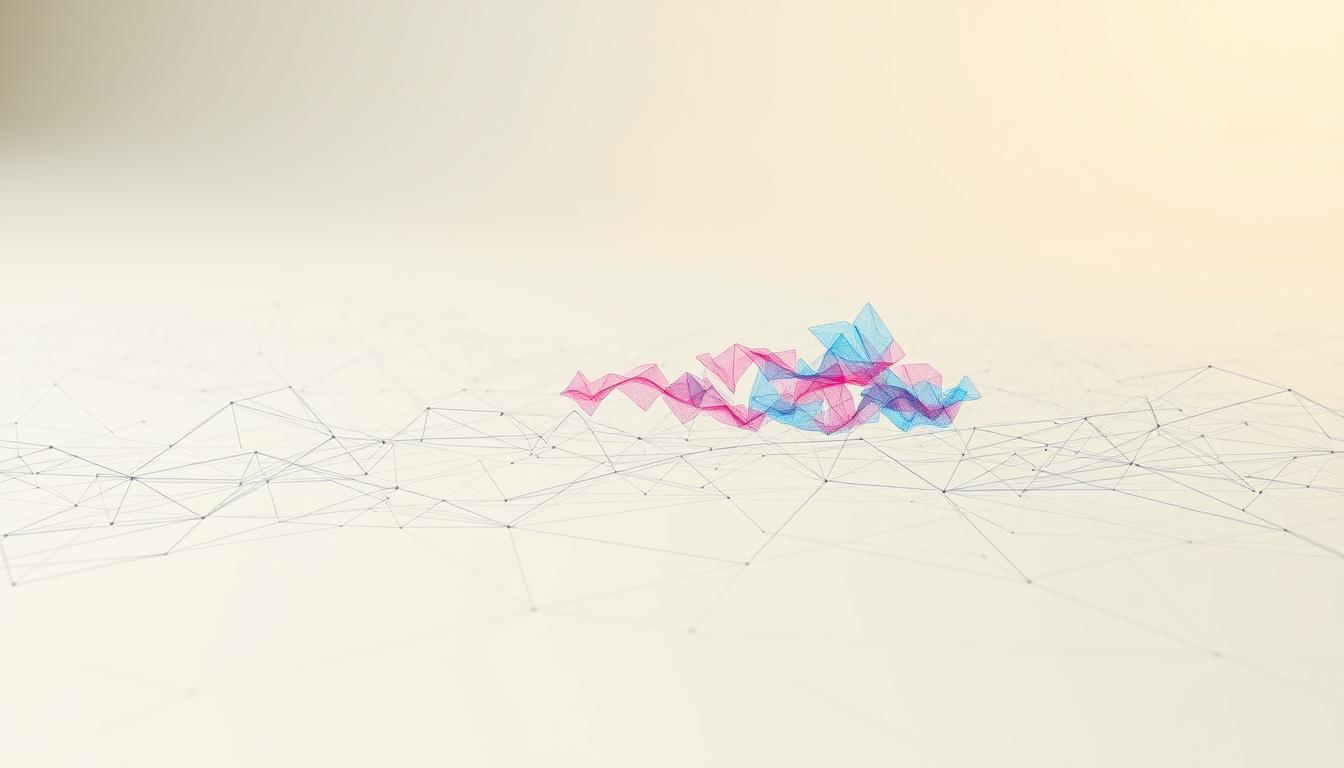 3D abstract visualization of pink and blue mesh nodes on a digital network grid representing data analytics and tech connectivity.