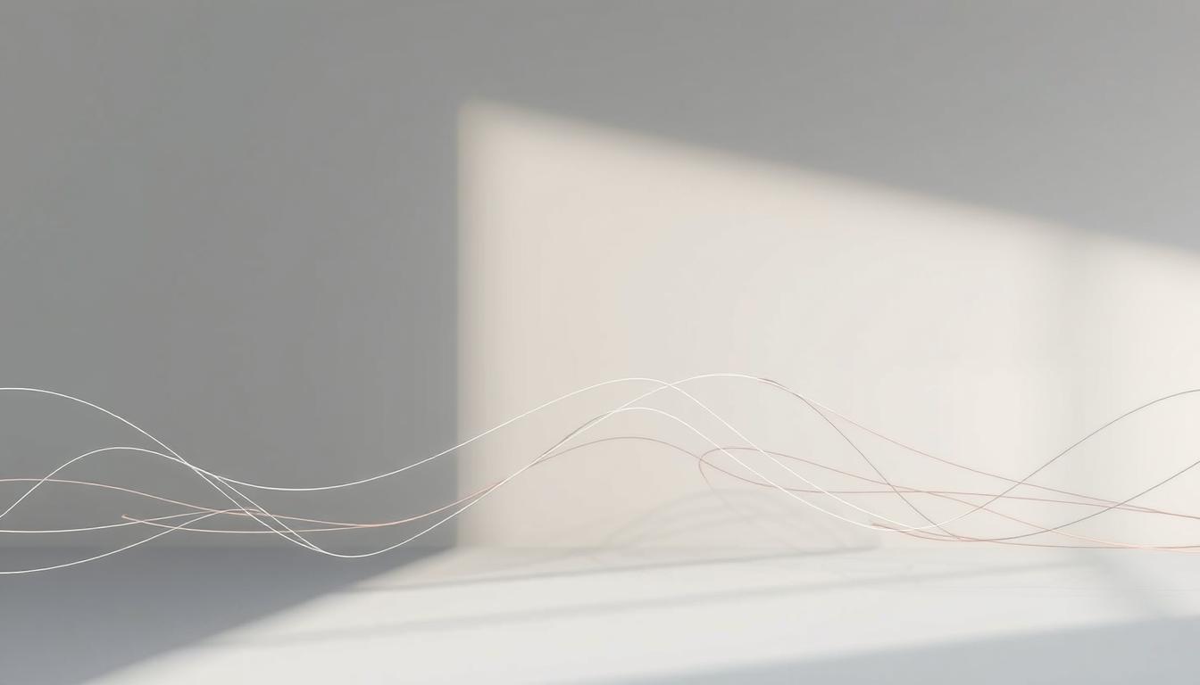 Minimal abstract background with flowing light wave lines against a soft neutral wall, ideal for modern branding or digital design aesthetics.