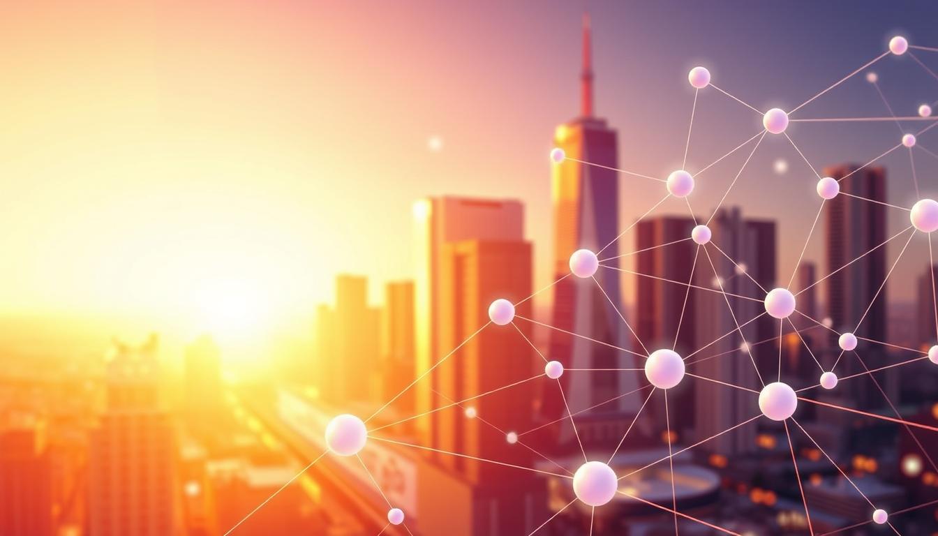 Smart city skyline at sunset with digital network connections representing IoT and urban technology integration.
