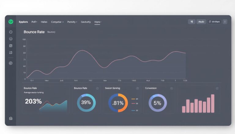 Dark-mode digital dashboard showing bounce rate, session metrics, and conversion statistics for White Sand.