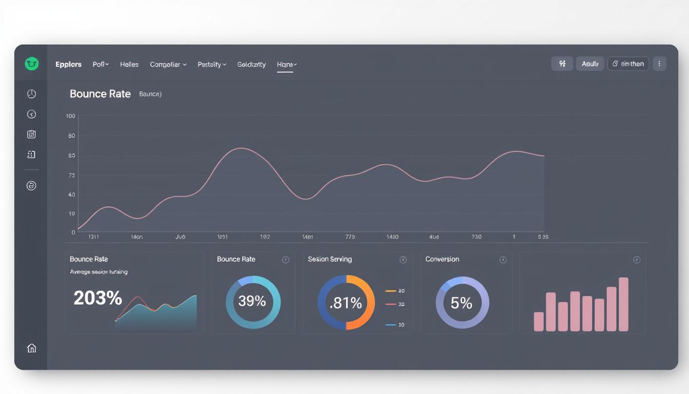 Dark-mode digital dashboard showing bounce rate, session metrics, and conversion statistics for White Sand.