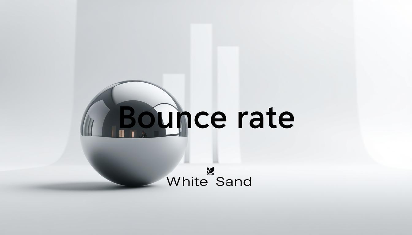 Minimal 3D chrome sphere with Bounce Rate text and White Sand logo, set against a sleek analytical backdrop.