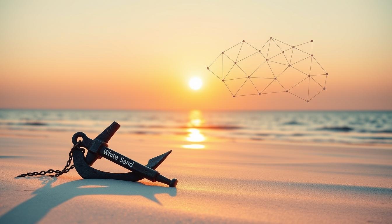 White Sand branded anchor on a beach at sunset with a digital network mesh symbolizing stability and creative connectivity.