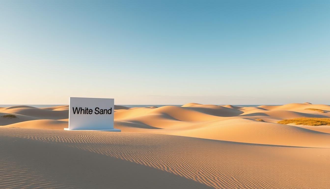 White Sand board set against bright golden desert dunes under a clear blue sky, symbolizing clarity and space.