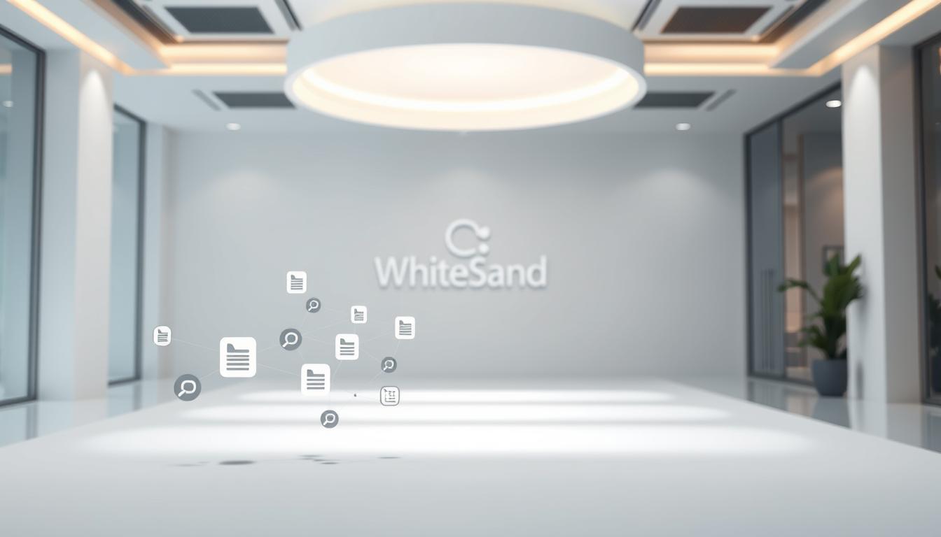 Modern office interior with White Sand Design Studio branding and floating digital media icons representing creative and digital marketing services.