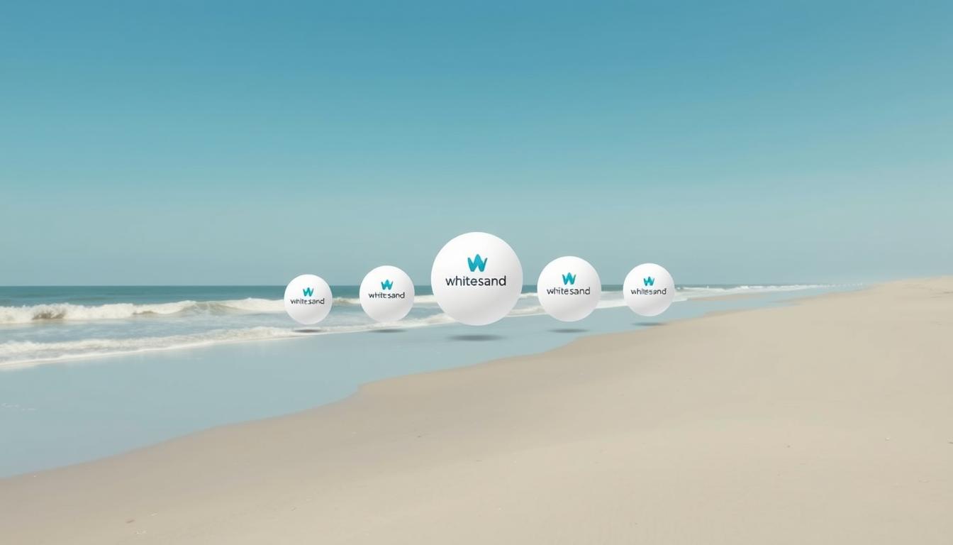 Floating branded spheres with White Sand logos aligned along a serene beach with waves and blue skies.