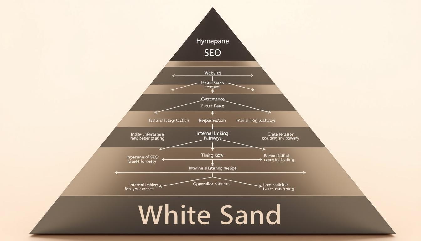 SEO strategy pyramid by White Sand showcasing internal linking, site structure, and content pathways for effective website optimization.