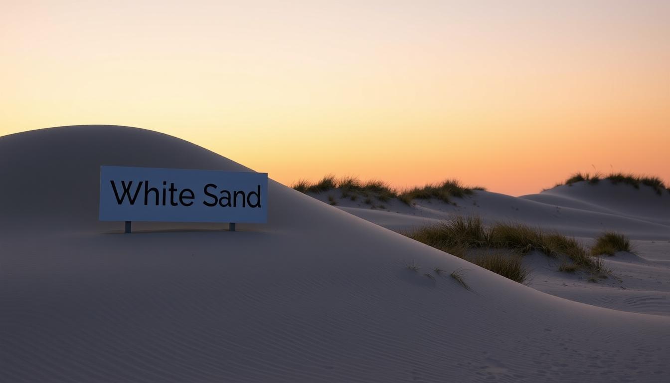 White Sand logo sign placed on desert dunes during golden hour sunset, with natural grass and tranquil lighting.
