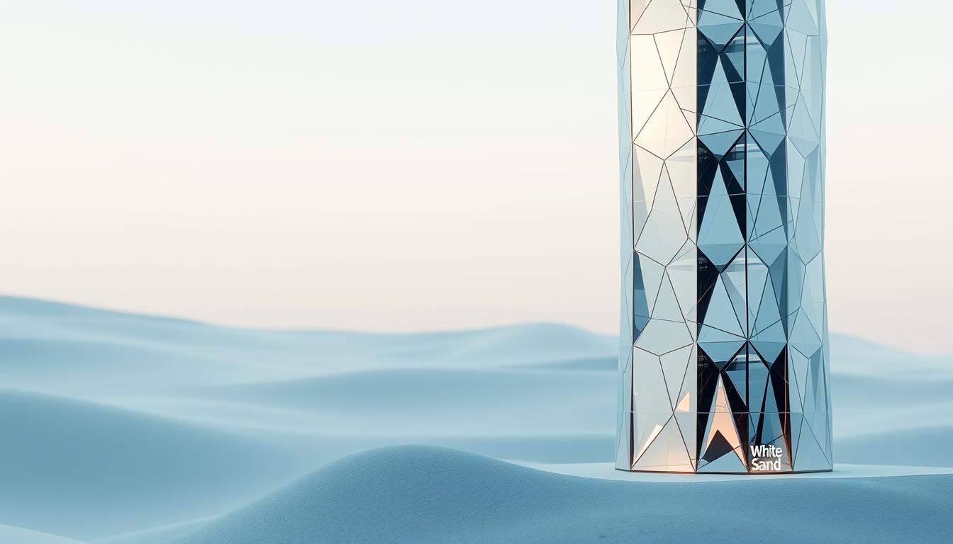 Modern mirrored tower branded White Sand standing tall in a serene desert landscape with soft sand dunes.