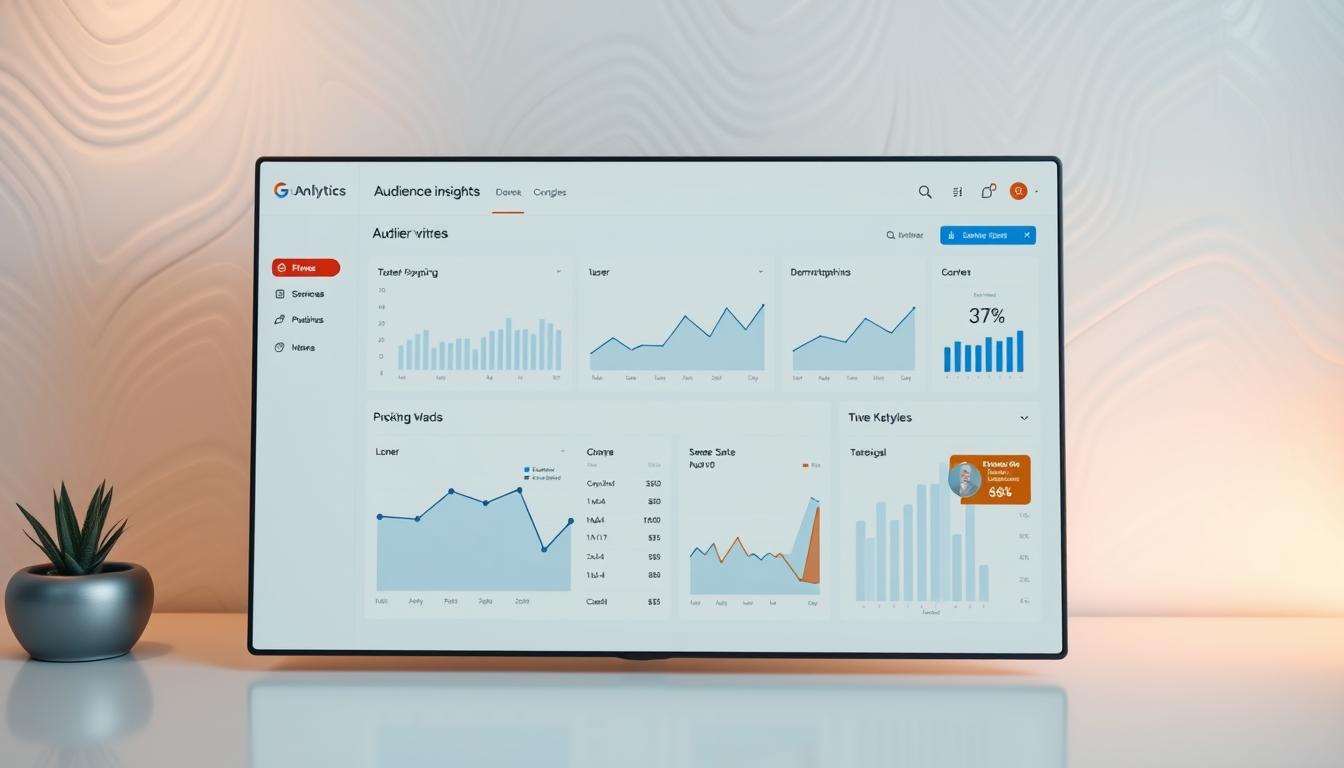 Audience insights dashboard in Google Analytics showing user behavior, demographics, and content engagement graphs on a widescreen display.