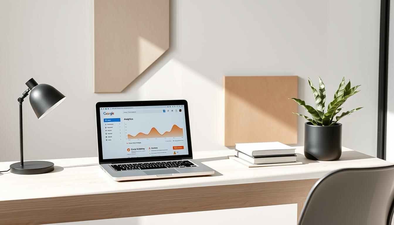 Laptop displaying Google Analytics dashboard on a modern minimalist desk with a lamp, books, and potted plant.