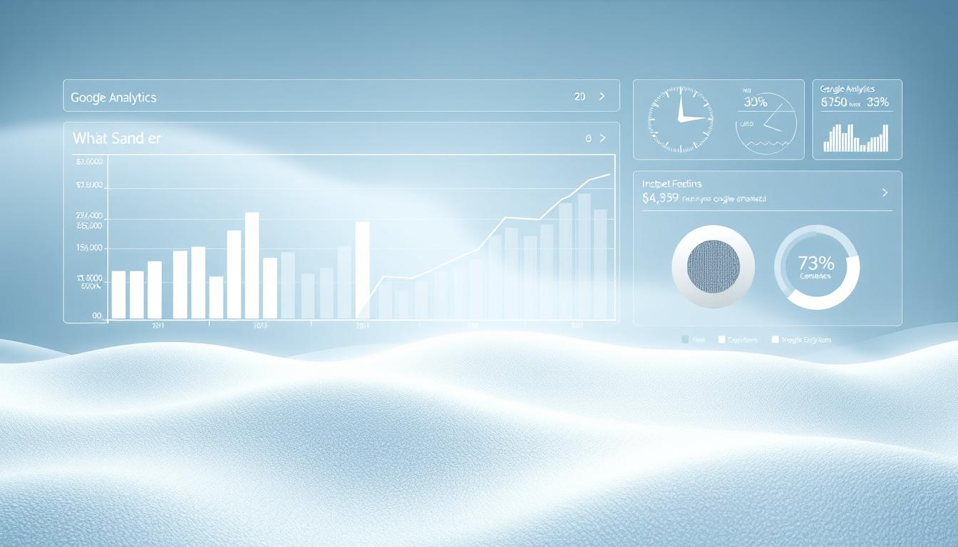 Google Analytics dashboard visualization over textured white sand background, displaying website traffic, engagement, and conversion metrics.