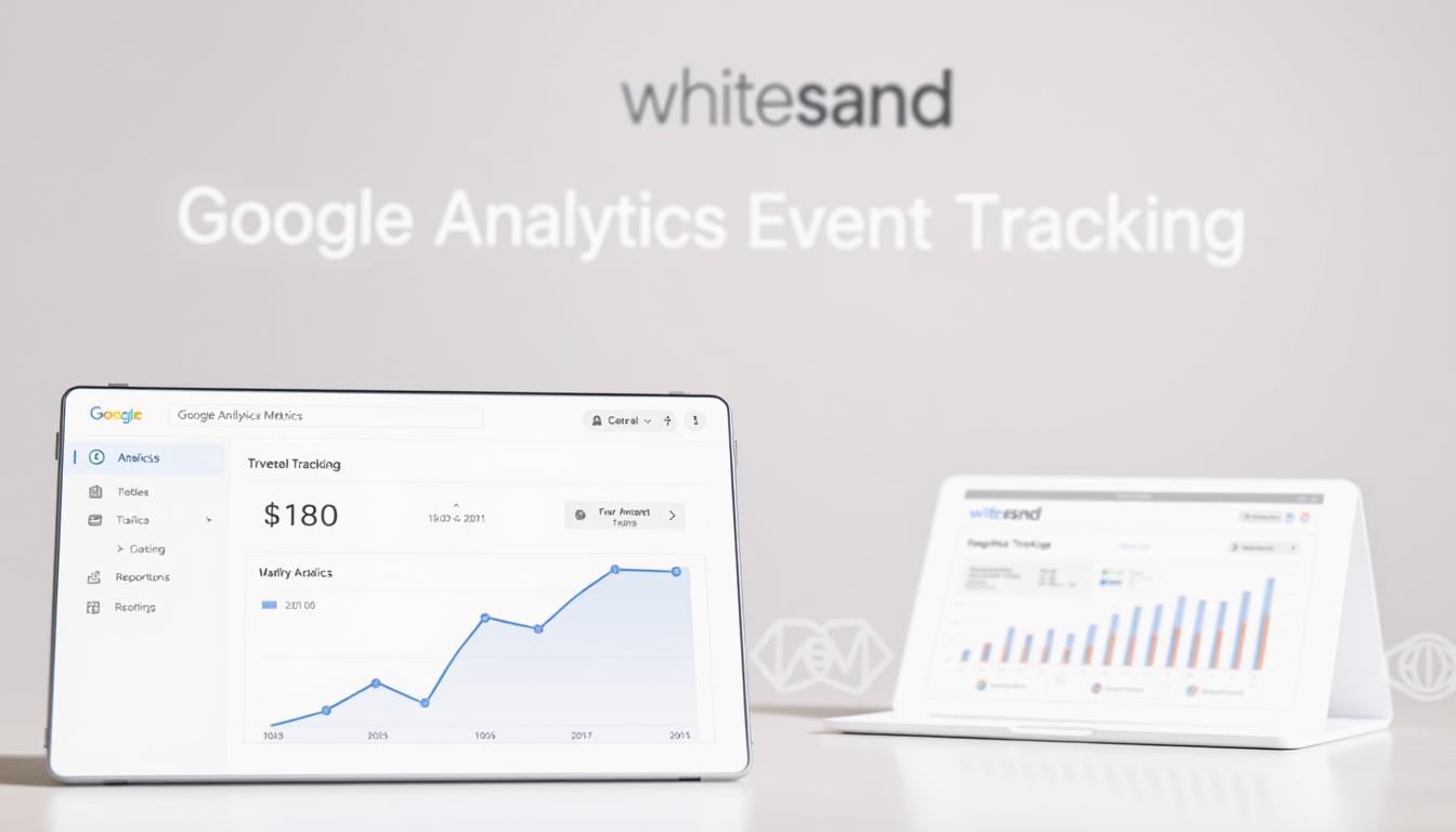 Tablet display showing Google Analytics event tracking dashboard with Whitesand branding in the background.