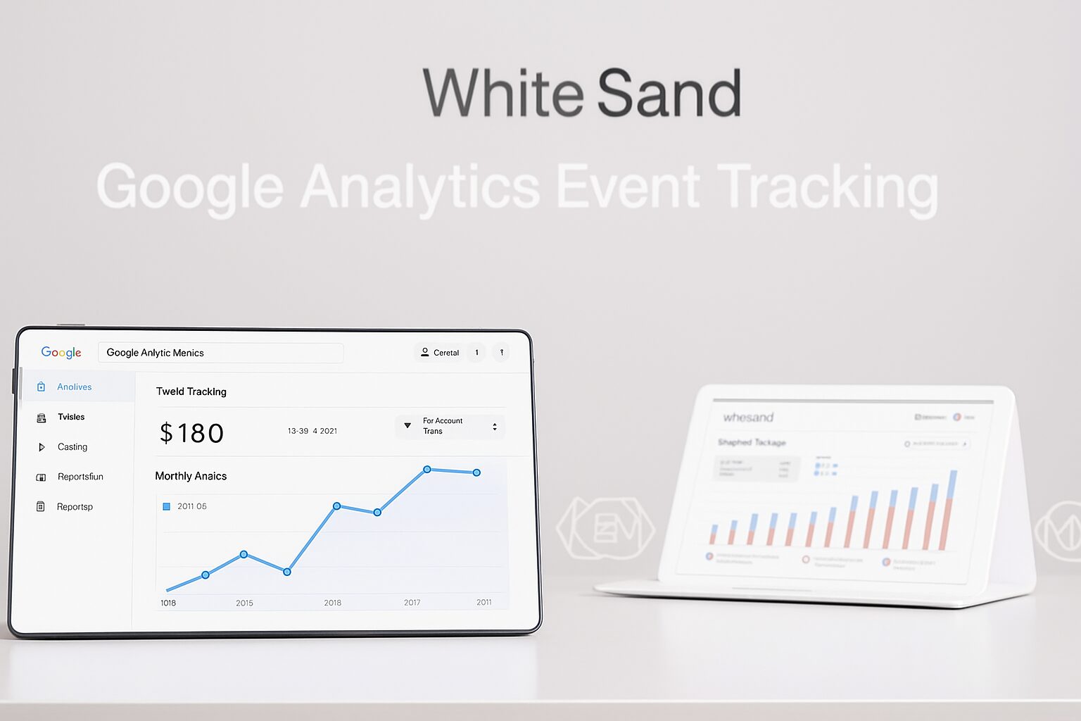 Tablet display showing Google Analytics event tracking dashboard with Whitesand branding in the background.