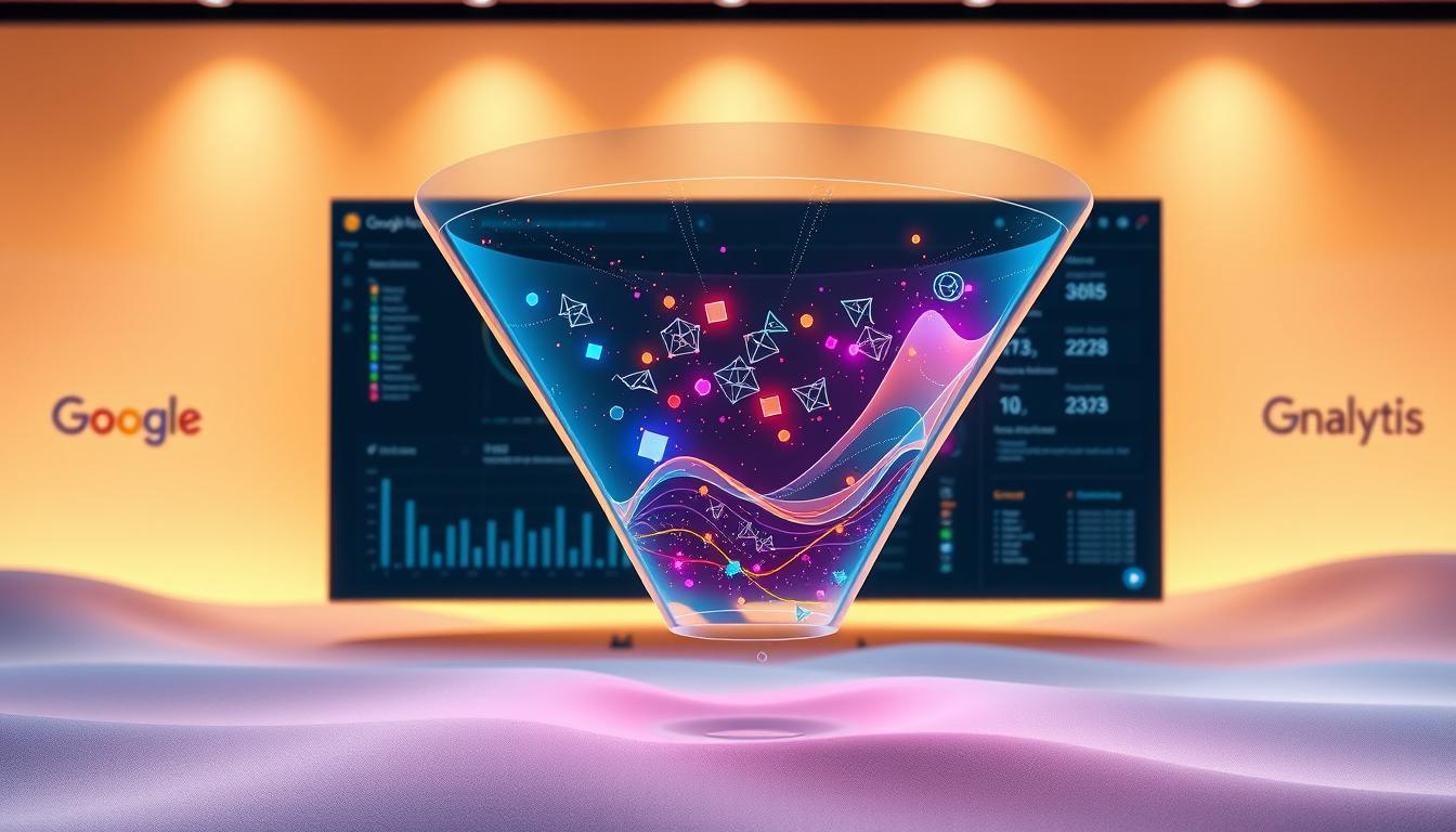 Creative visualization of a Google Analytics goal funnel representing digital conversion tracking and user journey data with dashboard in the background.