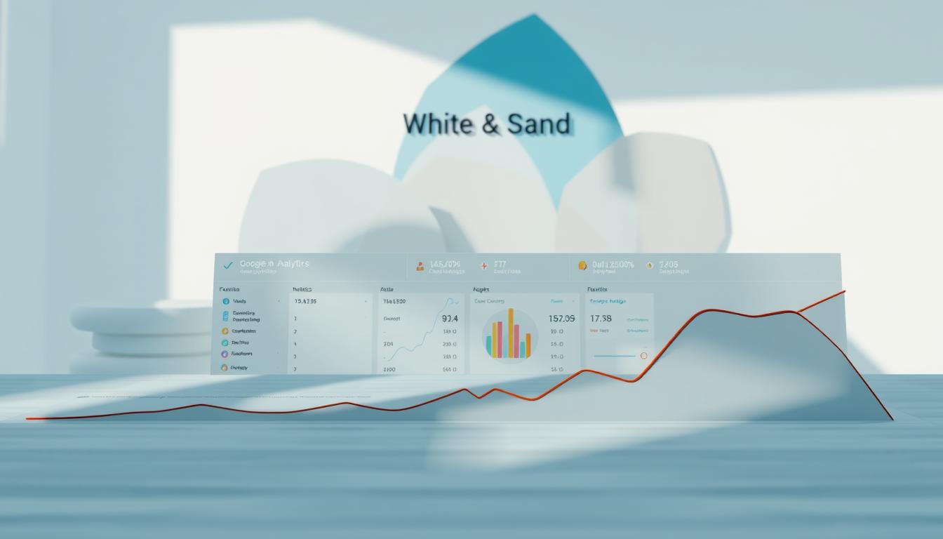 Google Analytics dashboard with performance charts in a modern workspace featuring White & Sand branding in the background.