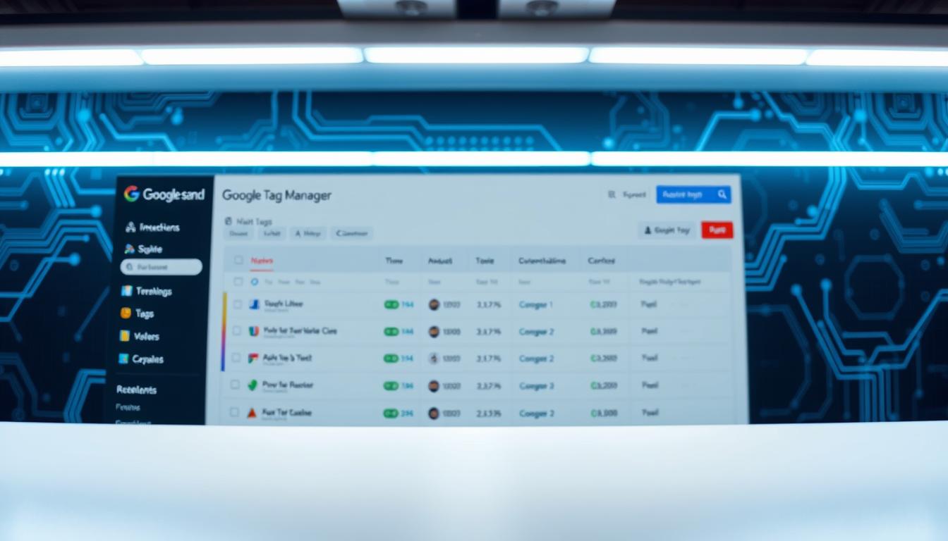 Google Tag Manager interface showing active marketing tags and triggers against a tech-themed digital background.