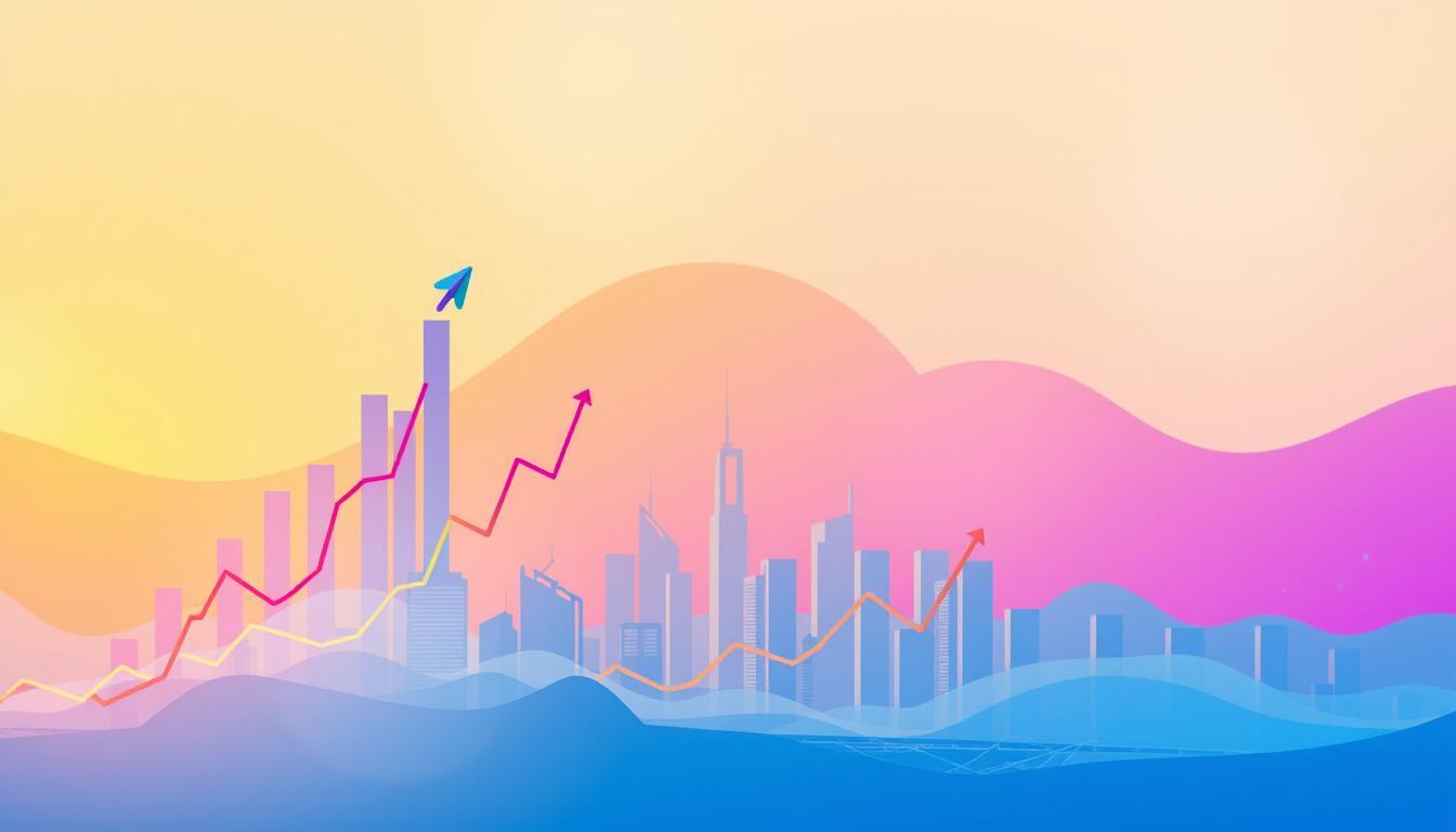 Colorful digital illustration of rising keyword trend lines over a futuristic cityscape, symbolizing keyword distribution growth across search engines and digital platforms.