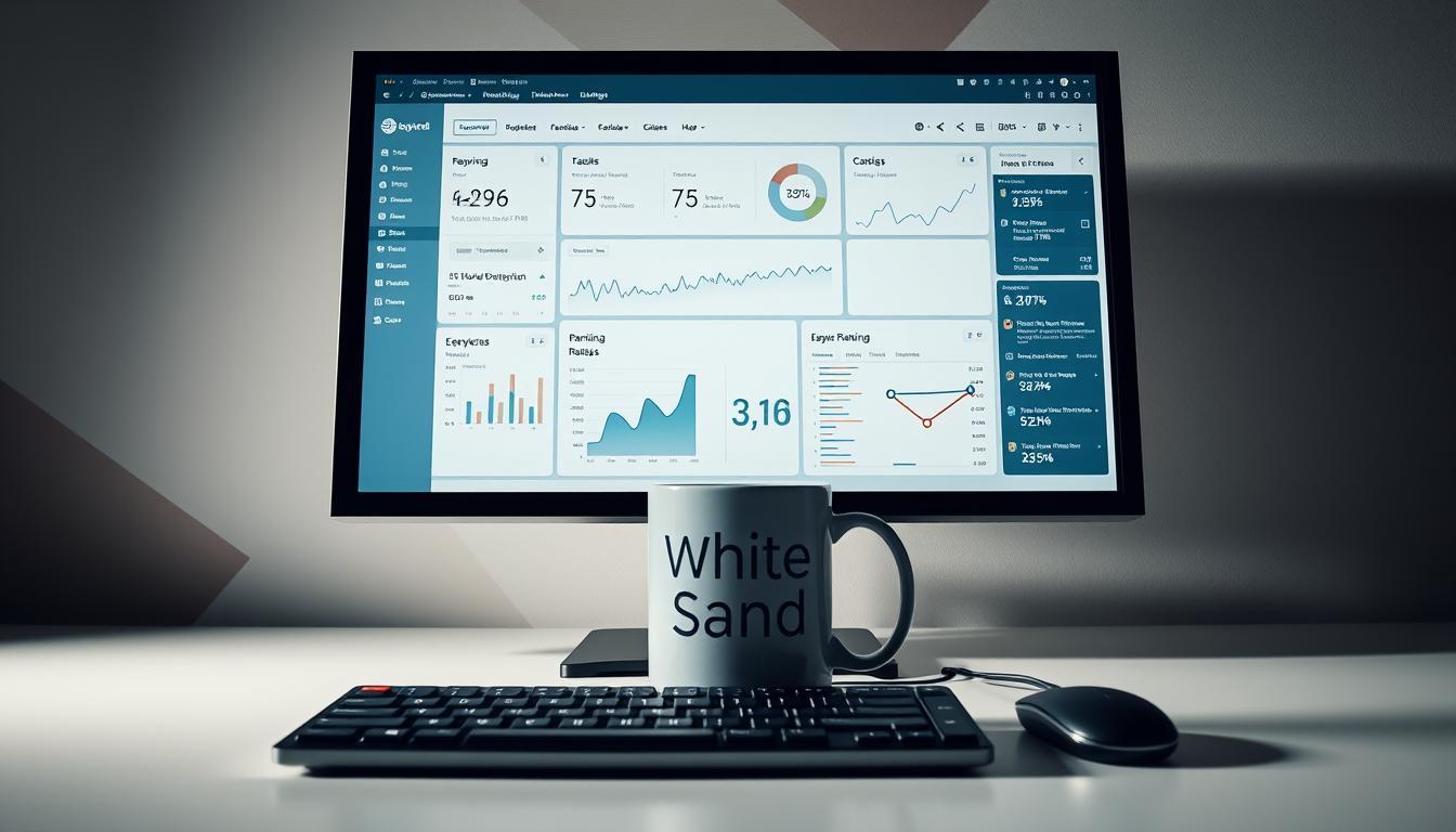 Desktop computer displaying keyword intent analysis and SERP feature tracking dashboard, with a White Sand branded coffee mug in the foreground.