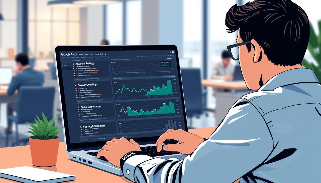 Illustration of a digital marketing professional analyzing keyword ranking fluctuation graphs and SEO dashboards on a laptop in a modern office setting.