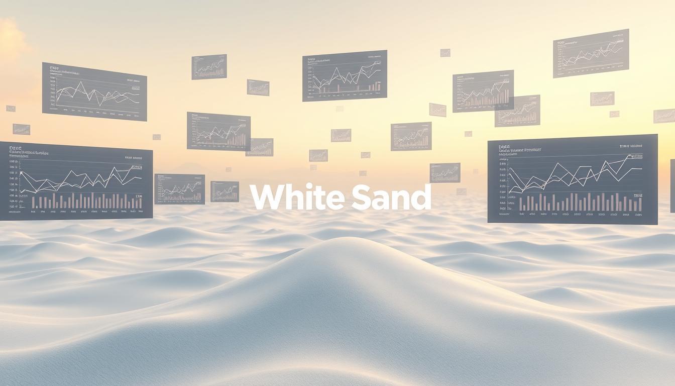Data analytics dashboard visuals floating over a white sand desert landscape at sunrise, representing keyword ranking and SEO performance monitoring by White Sand agency.