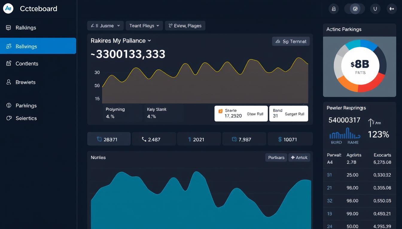 Dark-themed local SEO analytics dashboard showing Google Maps ranking performance, traffic trends, and keyword insights with data visualizations and performance metrics.