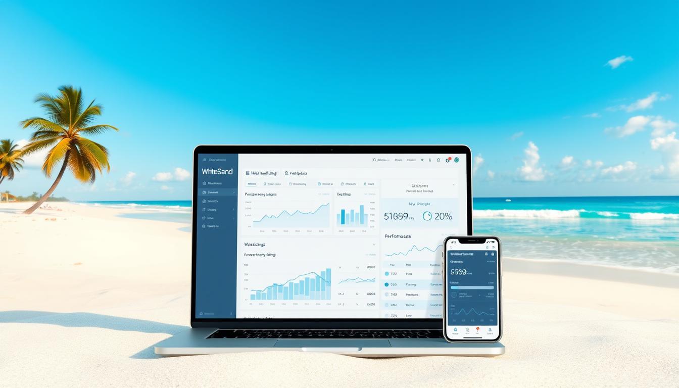 Laptop and smartphone displaying real-time keyword position tracking dashboard by White Sand on a tropical beach, symbolizing remote SEO monitoring and performance analytics.