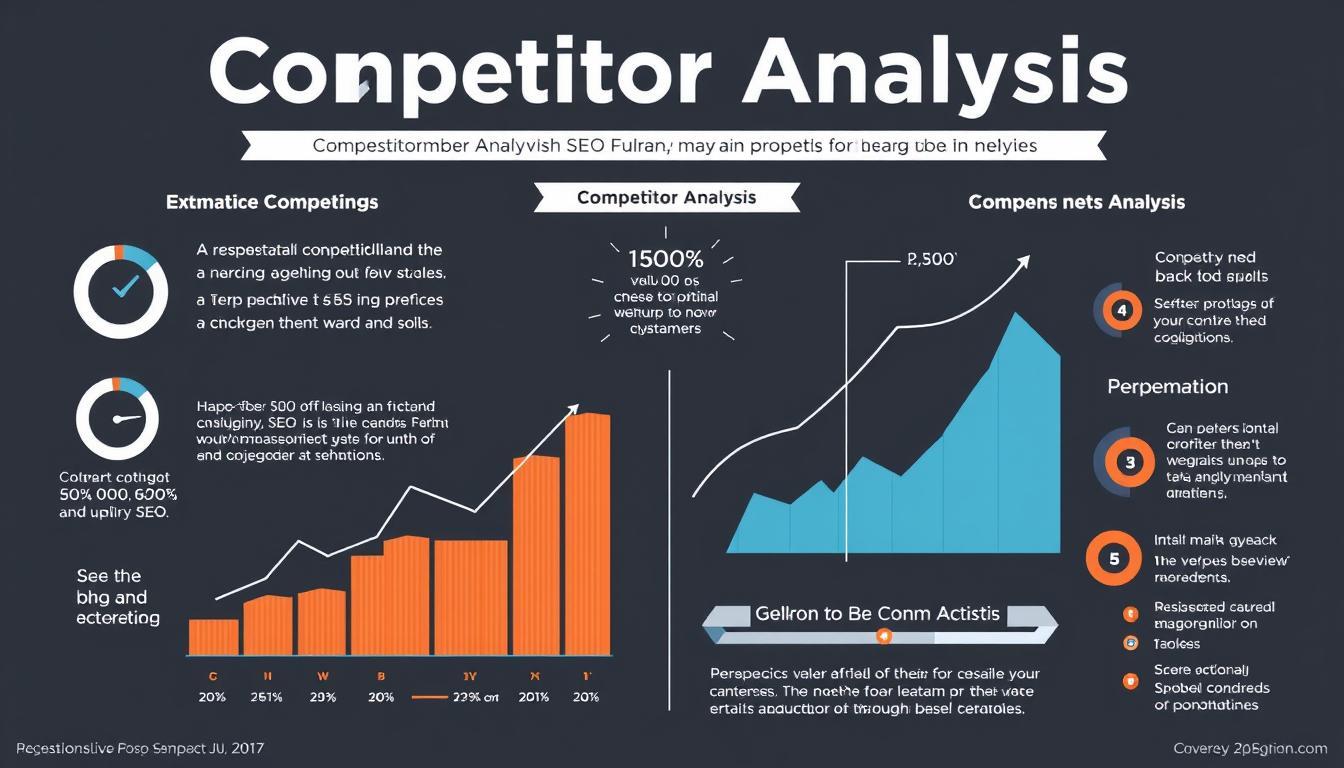 Competitor analysis infographic with charts, SEO comparison metrics, and unclear placeholder text representing mockup data for marketing strategy visualization.