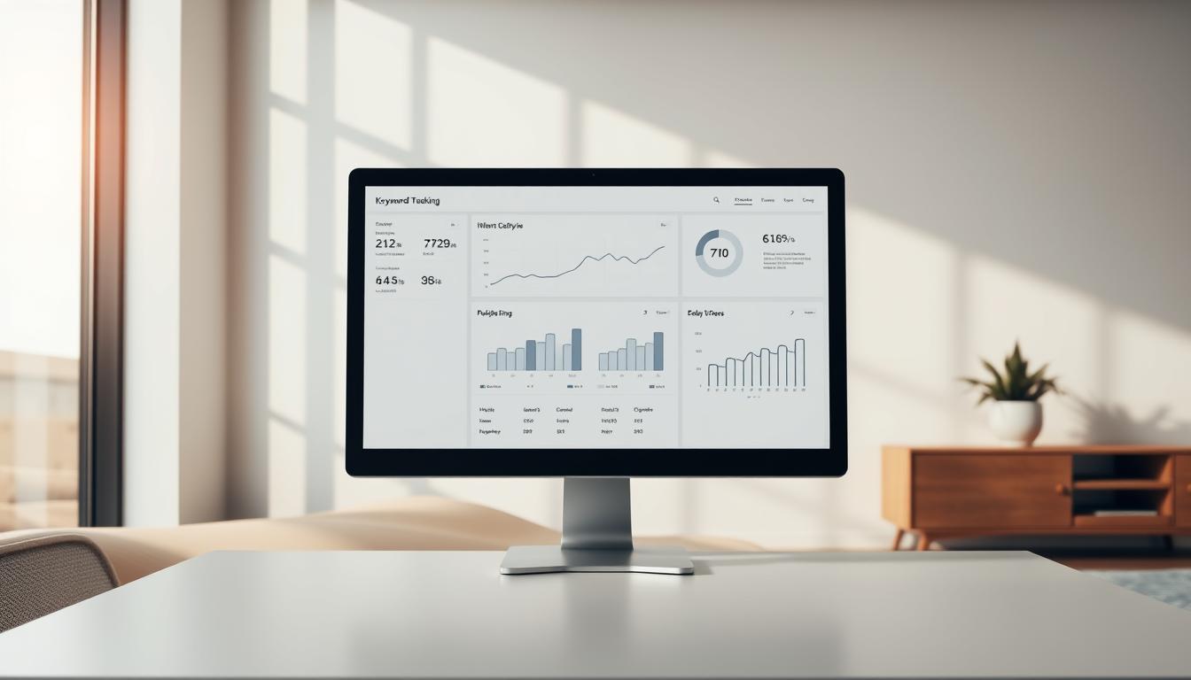 Modern desktop monitor displaying a regional keyword ranking dashboard with SEO performance graphs and analytics charts in a sunlit office environment.