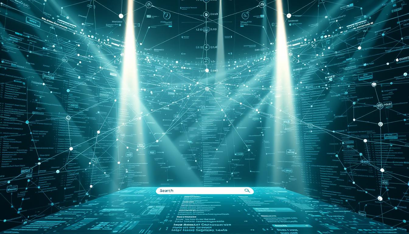 Spotlight highlighting complex search engine data network and keyword architecture.
