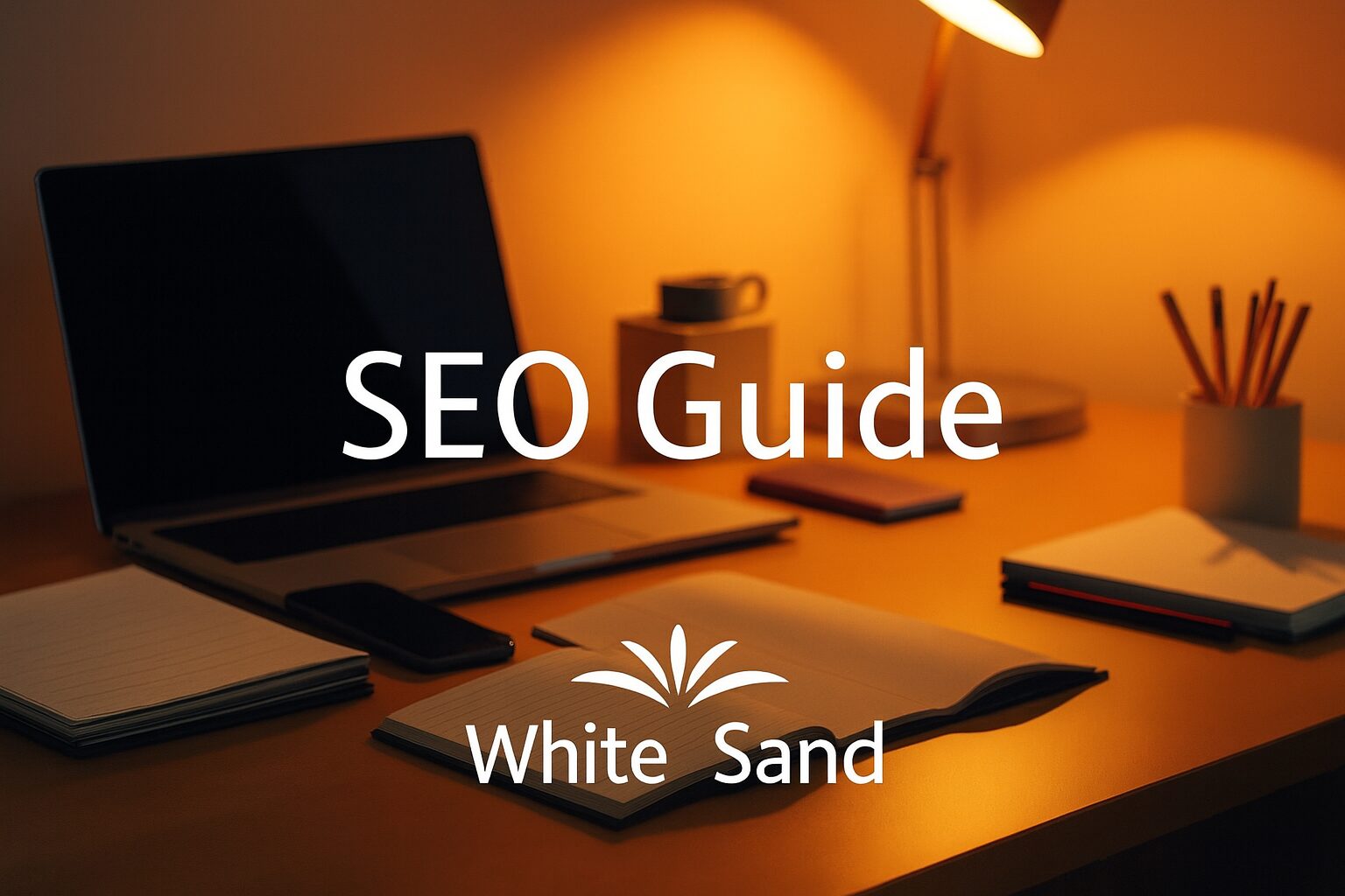 White Sand SEO Guide on a warm-lit desk with a laptop, notebook, and lamp for digital marketing professionals