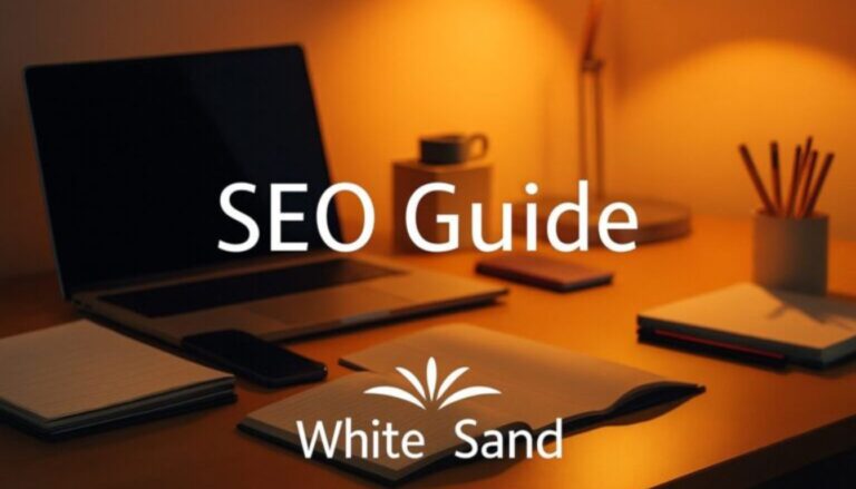 White Sand SEO Guide on a warm-lit desk with a laptop, notebook, and lamp for digital marketing professionals