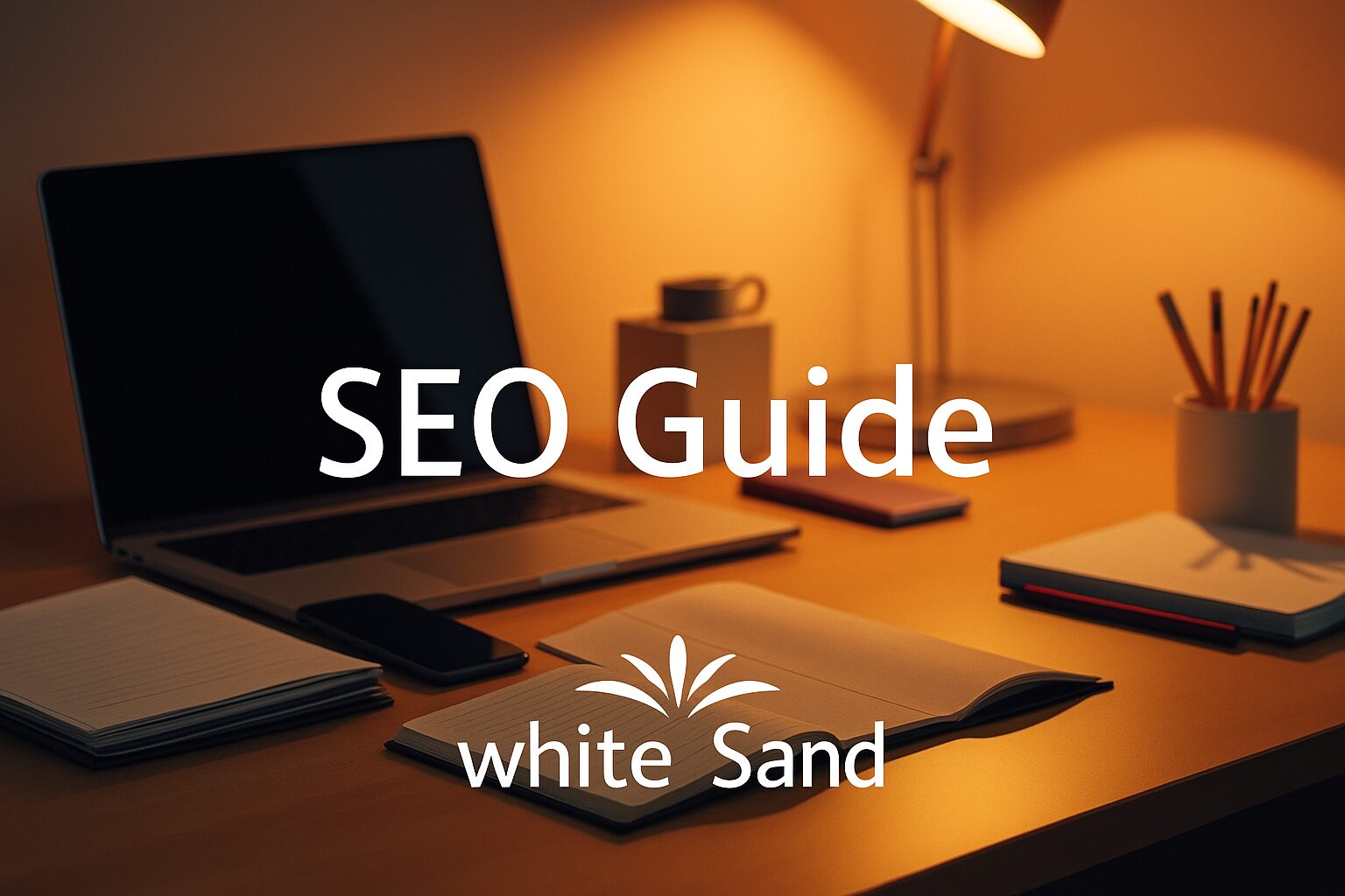 White Sand SEO Guide on a warm-lit desk with a laptop, notebook, and lamp for digital marketing professionals