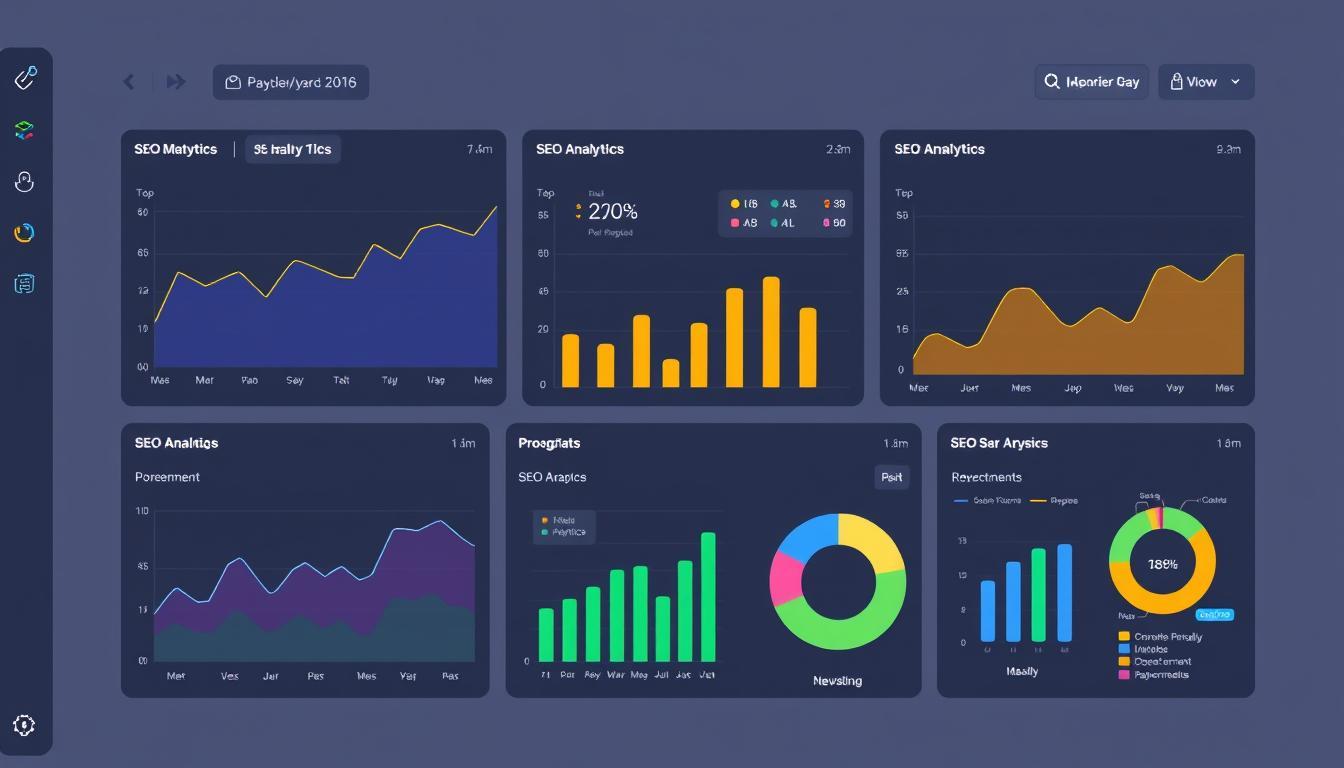 SEO performance report dashboard with colorful charts and graphs showing keyword analytics, traffic trends, ranking distribution, and conversion metrics in a white-label interface.