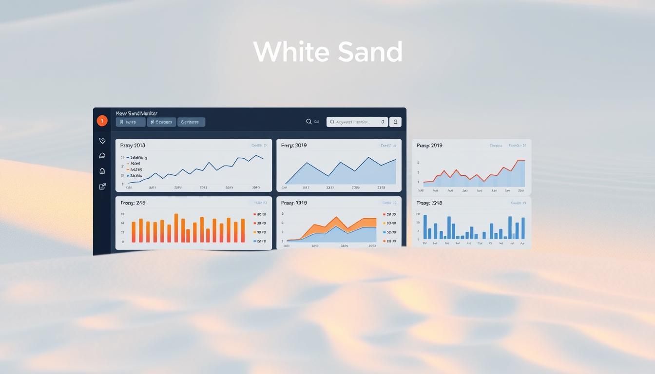 SEO performance dashboard displaying keyword rankings, search trends, and visibility analytics over sand dunes with 'White Sand' branding.
